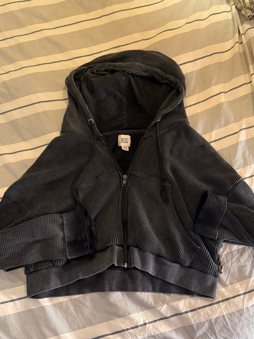 BDG Soft Cotton Distressed Black Waffle-Knit Zip Hoodie